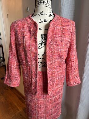 Logic 2 piece Vintage Pink Tweed Open-Front Ladies Jacket & Skirt Set, Jackie O